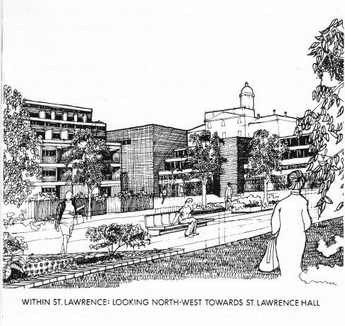 Probably the first depiction of St Lawrence Neighbourhood – a conceptual sketch done by an unnamed person in the City Housing Department, included in that department’s typescript report “St. Lawrence: A New Neighbourhood for Toronto”, 22 May 1974.